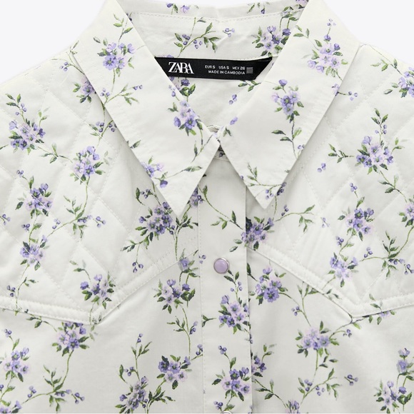 ZARA Beautiful Floral Top Long Sleeves Quilted Yoke Snap Closure Women’s Size M - Picture 6 of 12